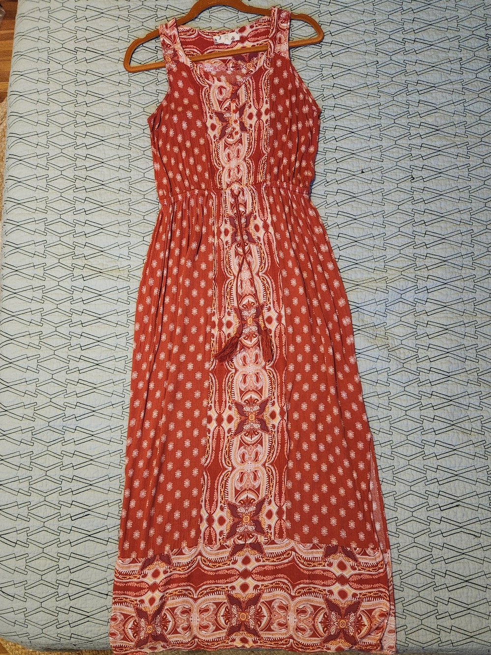 Hippie Rose Rust Red Boho Maxi Dress with Cream Accents